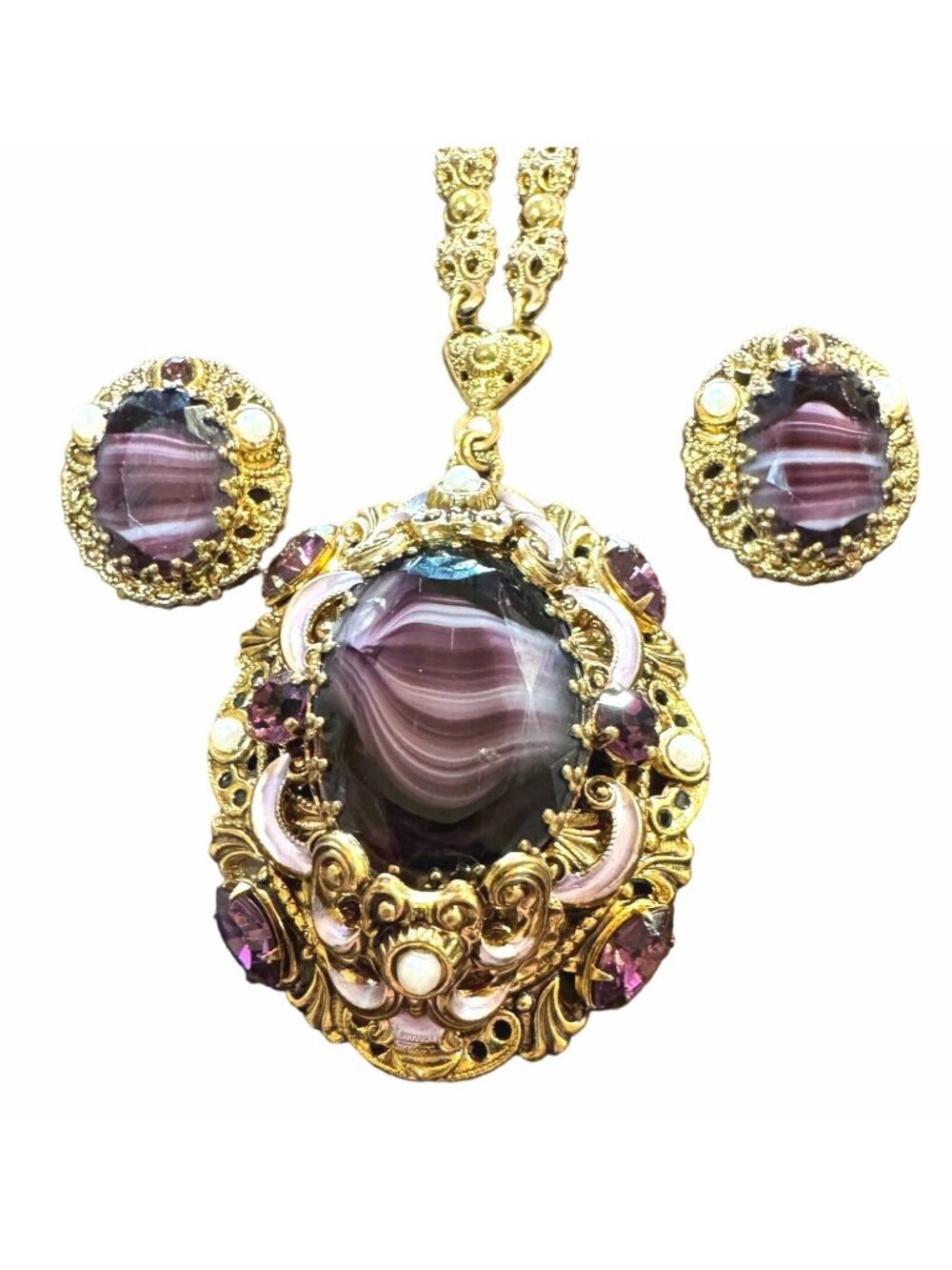West Germany Purple Slag Glass Necklace and Earrings Faux Pearls Statement Piece